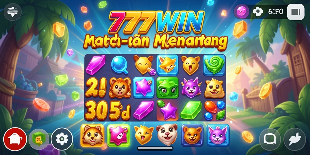 Screenshot gameplay 777WIN yang menunjukkan kombinasi Match-3 yang menakjubkan.