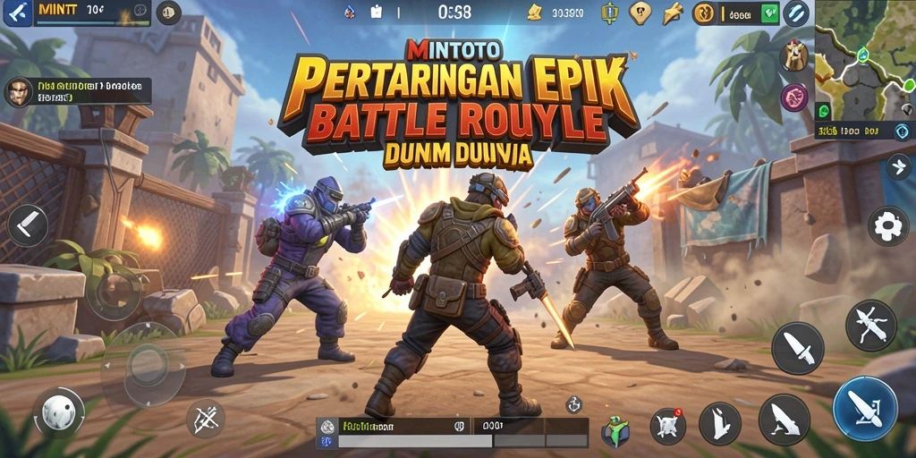 Screenshot utama MINTOTO menampilkan aksi seru dari gameplay Battle Royale.